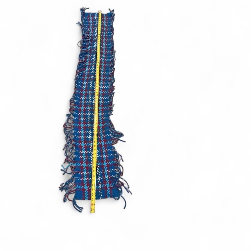Oversized Plaid Blanket Scarf Blue Burgundy Fringe Cozy Fall Winter Wrap - Picture 3 of 6